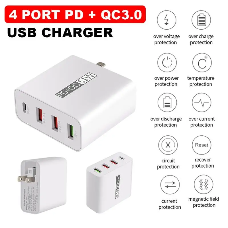 

Зарядное устройство PD + QC3.0, 51 Вт, быстрая зарядка, адаптер USB Type-C, вилка для ЕС, США, Великобритании, Австралии для iPhone 11 Pro max, 12 Mini, 12Pro Max