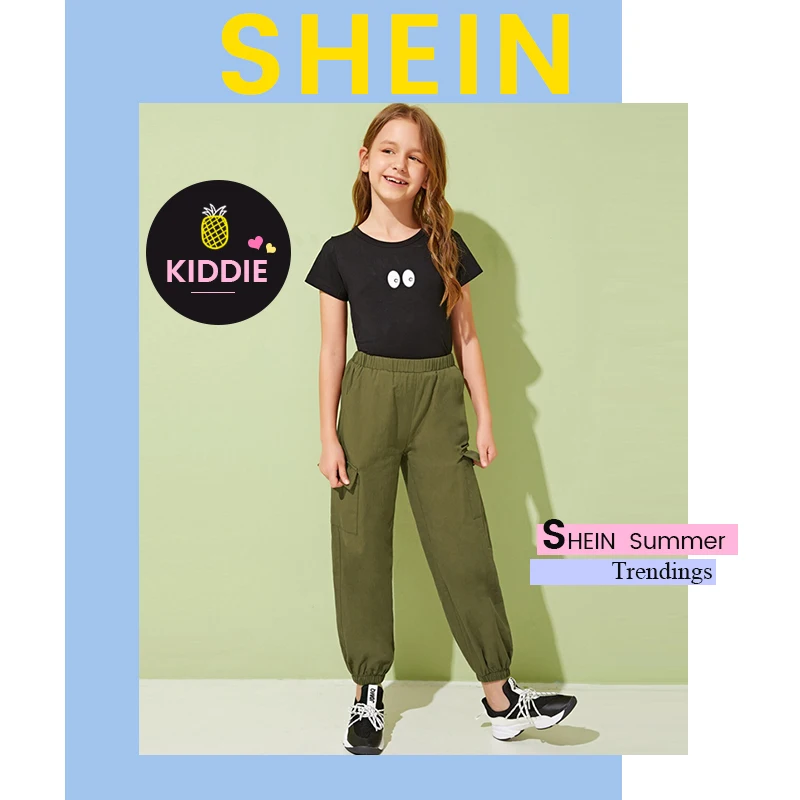 SHEIN Kiddie/повседневные штаны-карго с карманами в армейском и зеленом цвете для девочек детские длинные брюки с эластичной резинкой на талии на осень года, Chldren