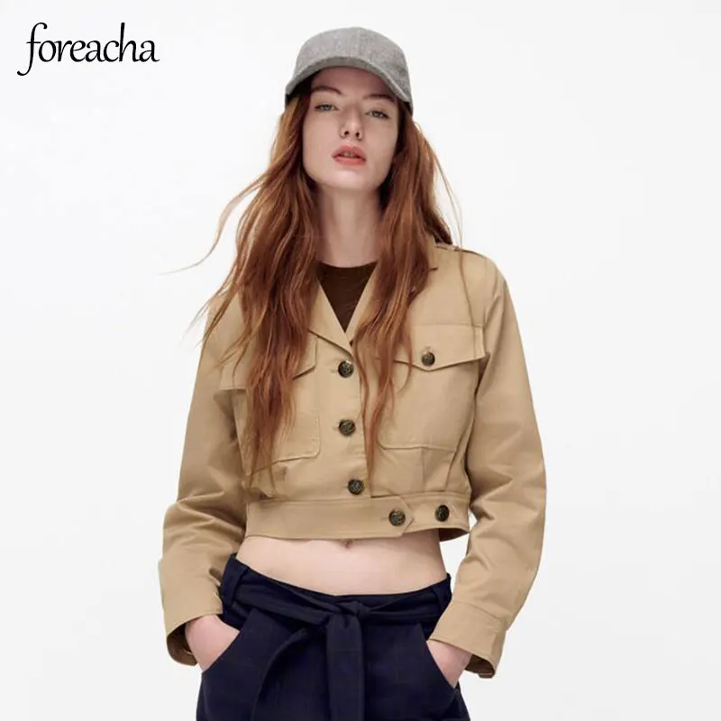 

Осенняя одежда для инструментов foreacha, куртка, женское однобортное пальто цвета хаки с карманами, повседневная короткая куртка с отворотом н...