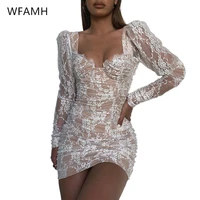2021 new summer floral lace pleated womens fashion v neck high waist slim fit bag hip long sleeved one step dress polyester