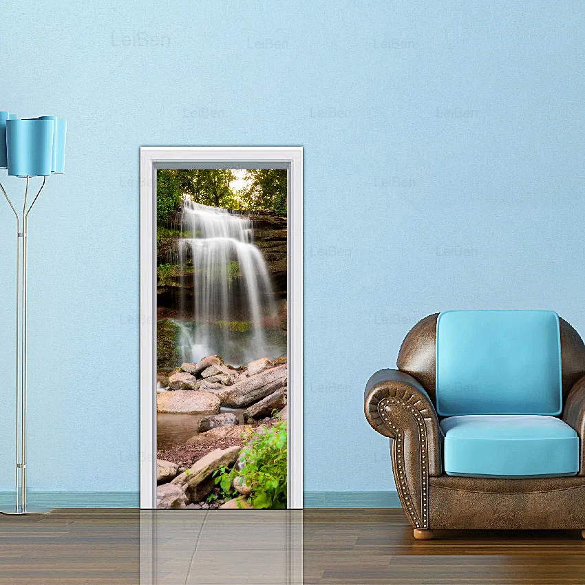 Self Adhesive 3d Door Stickers Forest Waterfall Landscape Art Renovation Living Room Waterproof Wallpaper Home Decor Picture | Дом и сад