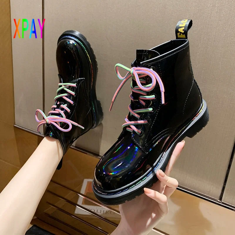 

2021 Winter New Martin Boots Women's Luxury Fashion Chelsea Boots Outdoor Cowboy Leather Shoes Lace Up Rainbow Shoes Botas Mujer