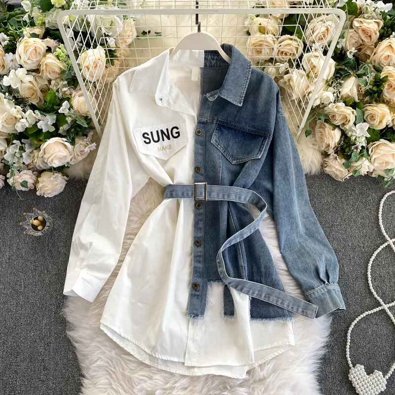 

2022 Spring Woman Blouse Chic Casual Loose Single-breasted Denim Shirts Women Long Sleeve Irregular Patchwork Blouse Mujer Blusa