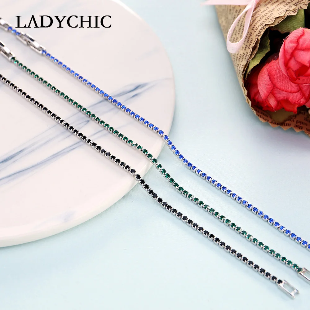 Женские узкие теннисные браслеты LADYCHIC 3 цвета голубые зеленые черные с
