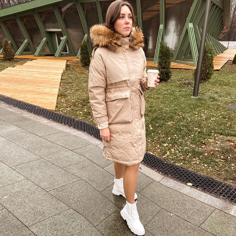 Fitaylor Winter Large Natural Real Fur Collar Hooded Feather Long Jacket Women Thickening Down Coat High Waist Fluffy Outwear | Женская
