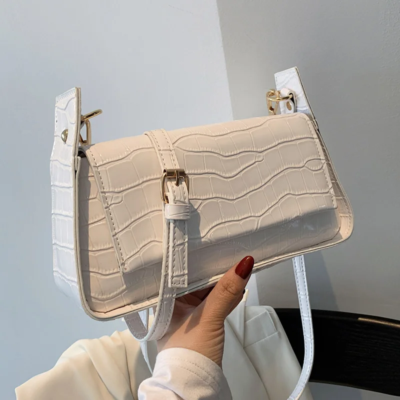 

2021 Luxury Trend Women Crossbody Bag White Black PU Leather Flap Shoulder Handbag Classic Crocodile Stone Pattern Underarm Bags