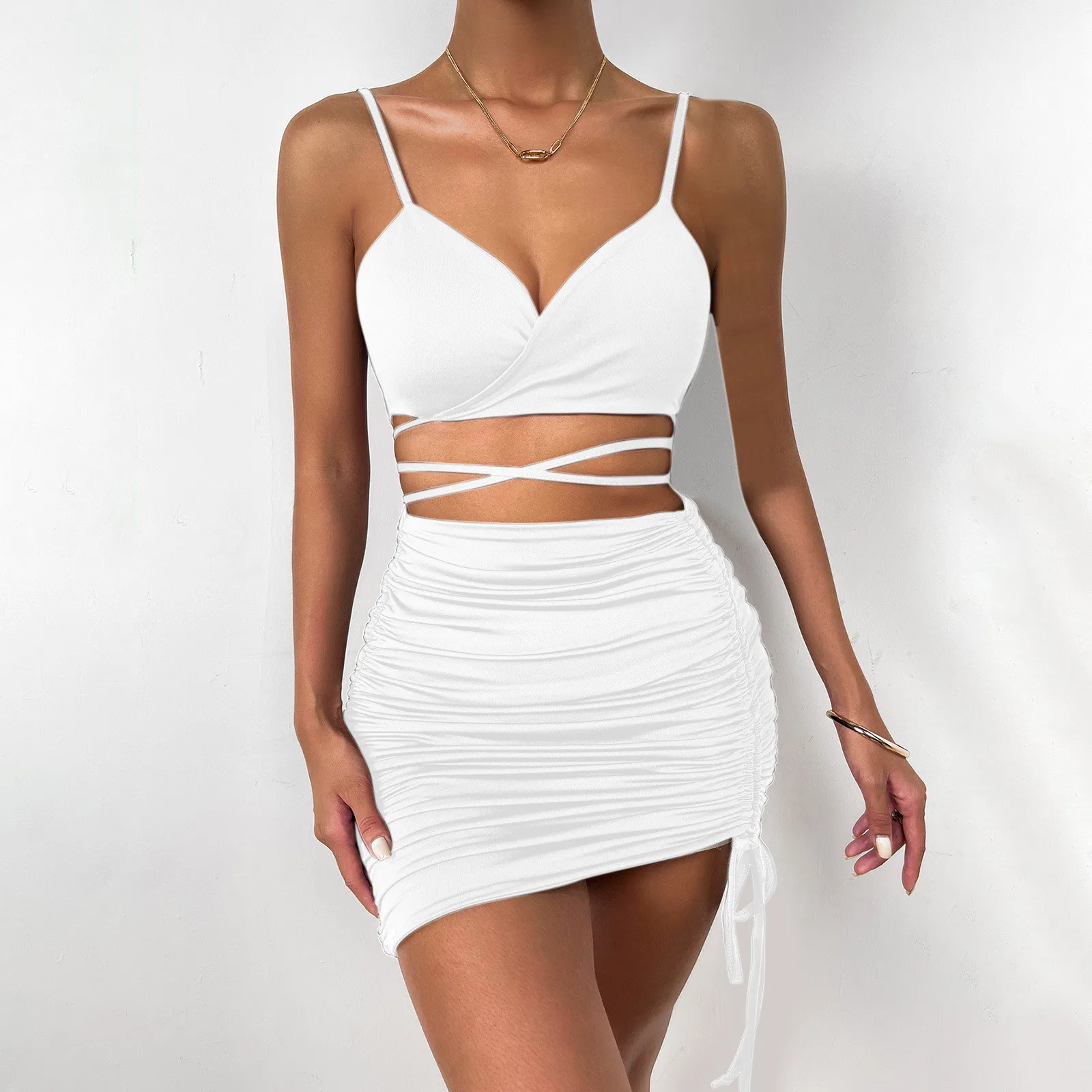 

Женское Платье на бретельках, сексуальное однотонное облегающее Платье на бретельках с V-образным вырезом, плиссированная полая