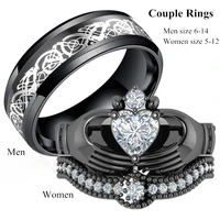 fashion couple ring mens stainless steel dragon ring and womens black zirconia womens ring heart shaped bride wedding ring set