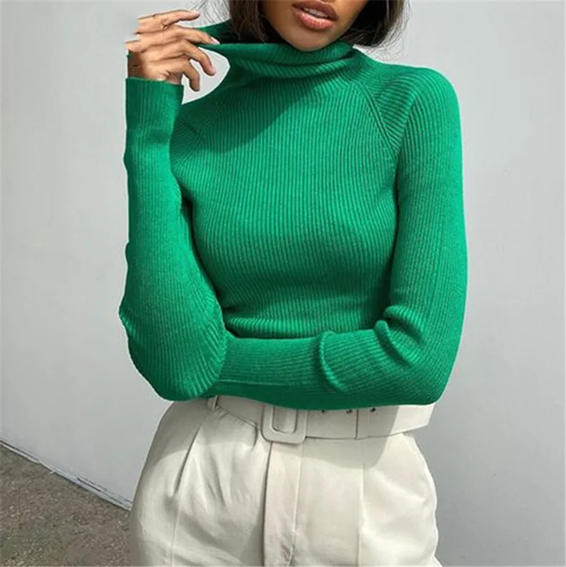 

Green Ribber Knitted Turtleneck Tops Women Skinny Autumn Winter Clothing Basic Slim Tees Long Sleeve Casual T Shirt