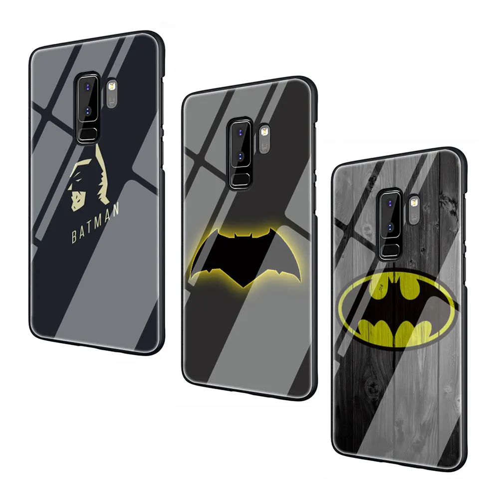 Marvel Бэтмен логотип закаленное Стекло TPU черный чехол для Galaxy S7 Edge S8 S9 S10 Plus, Note 8, 9, 10, A10 20 30 40 50 60 70