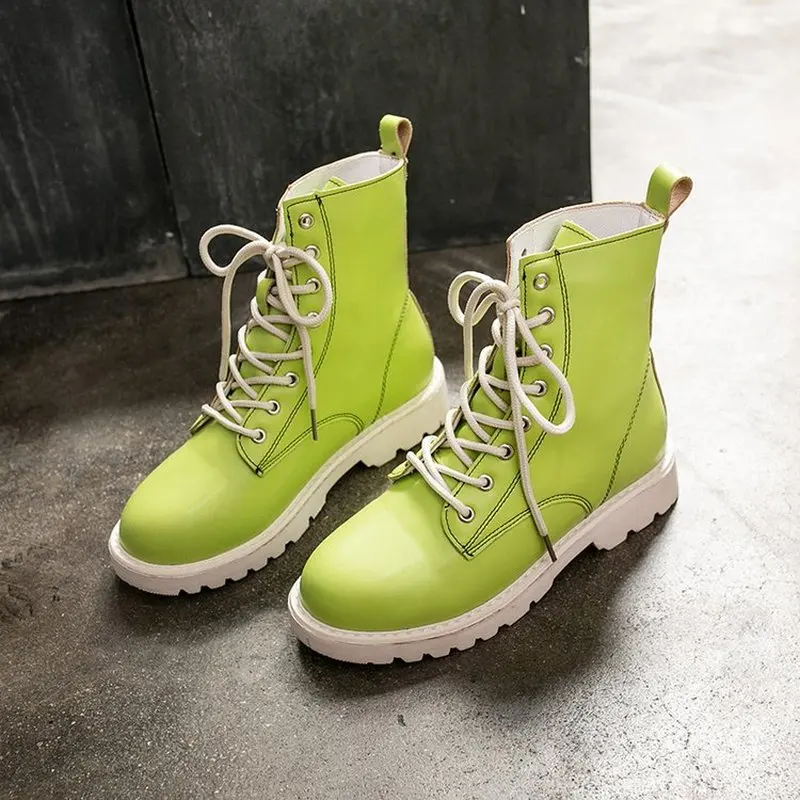 Женские ботинки новинка Осень зима кружевные зеленые мотоциклетные женские