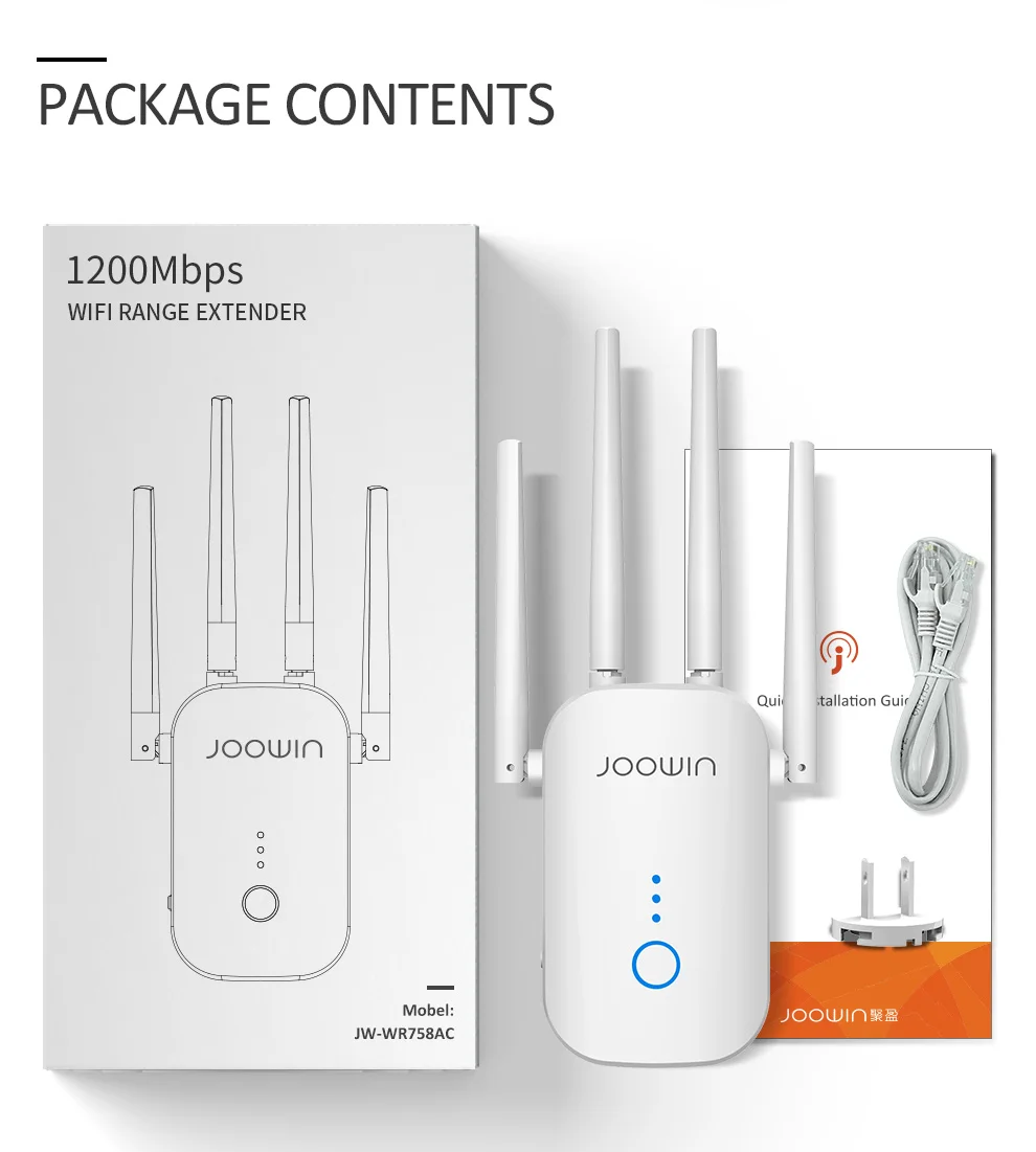 

Joowin JW-WR758AC 1200Mbps High Speed Wifi Repeater 2.4G&5.8G Dual Band Wireless Extender Use 4*3 dBi Antennas Long Signal