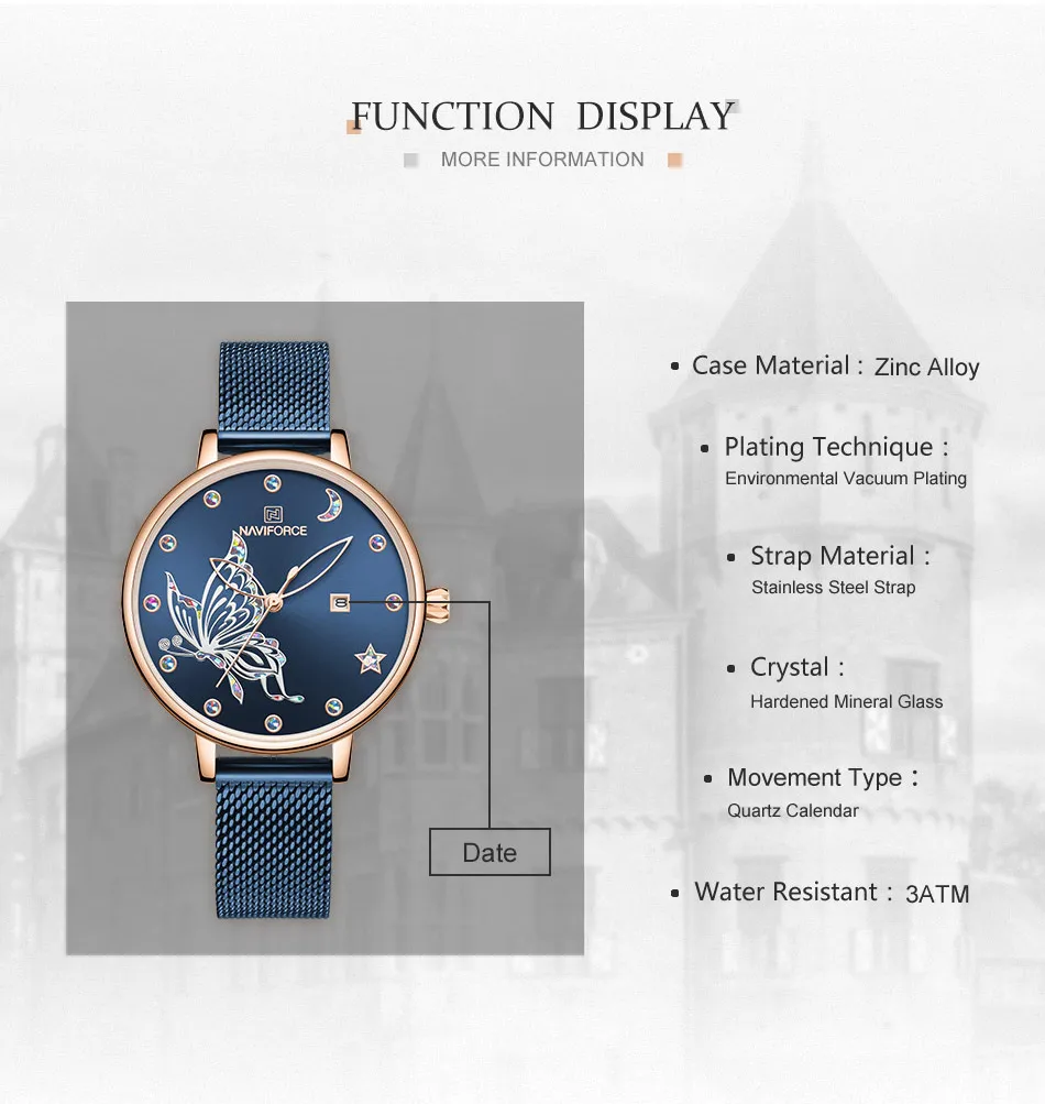 NAVIFORCE модное платье женские часы Топ Роскошные Стразы кварцевые аналоговые синий