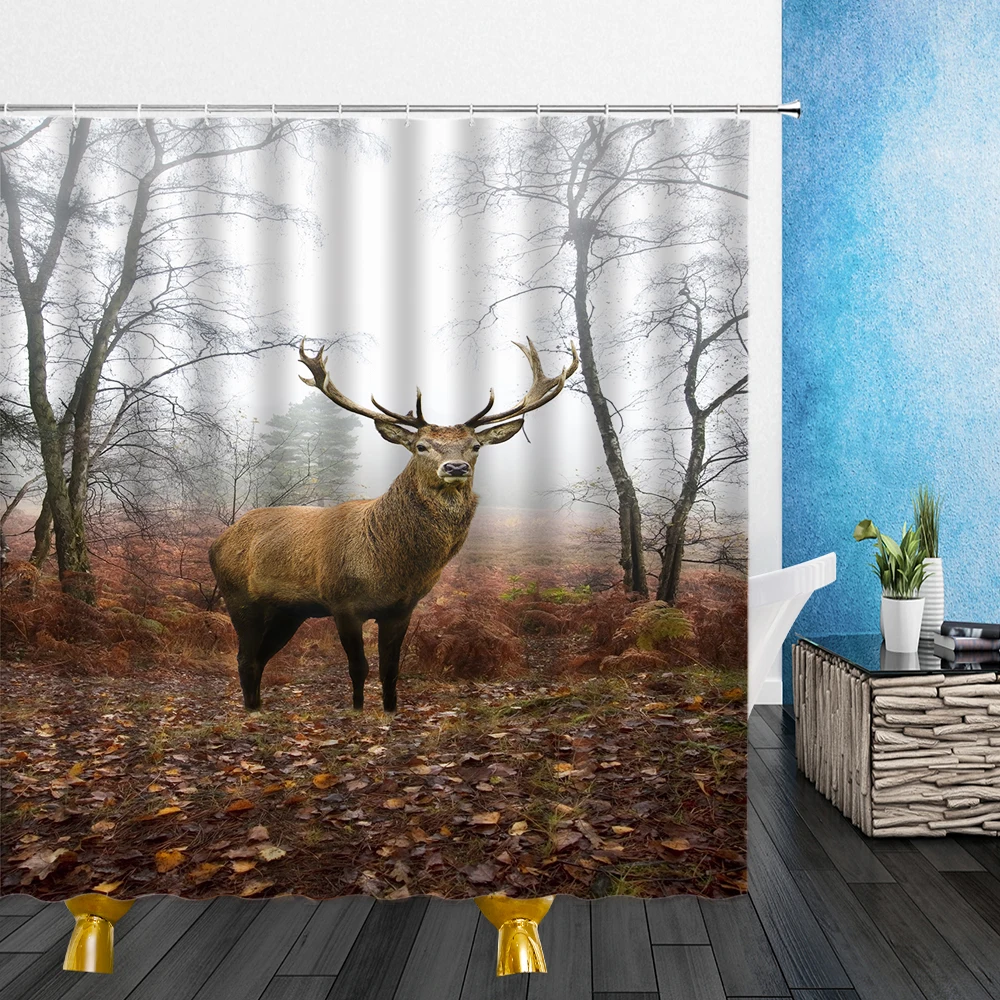 

Cartoons Forest Animal Shower Curtains Elk Deer Head Flowers Feather 3D Bathroom Home Decor Bathtub Polyester Curtain Set