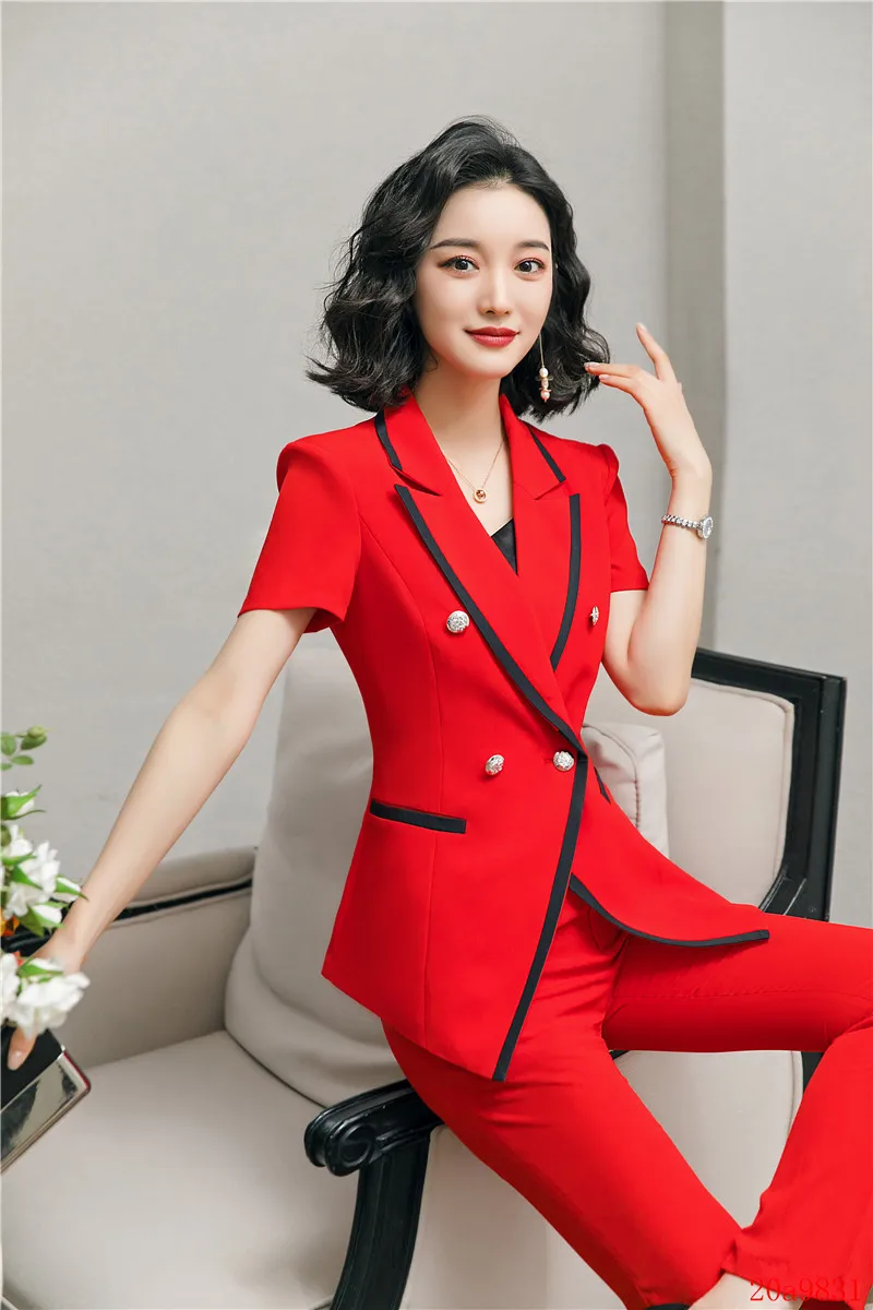 Летний модный женский красный Блейзер женские деловые костюмы с юбкой и курткой