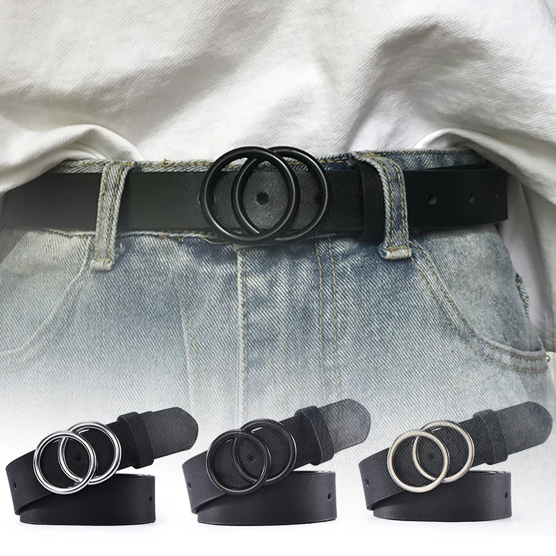 

Ремень из искусственной кожи Женский, широкий Модный классический пояс с круглой пряжкой, двойной черный, регулируемый