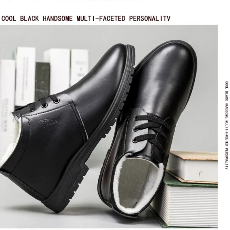 

2021 Winter New Concise Style Men's Boots Round Toe Plush Thickening PU Shallow Outdoor Boots Fashionable Comfortable for Walk