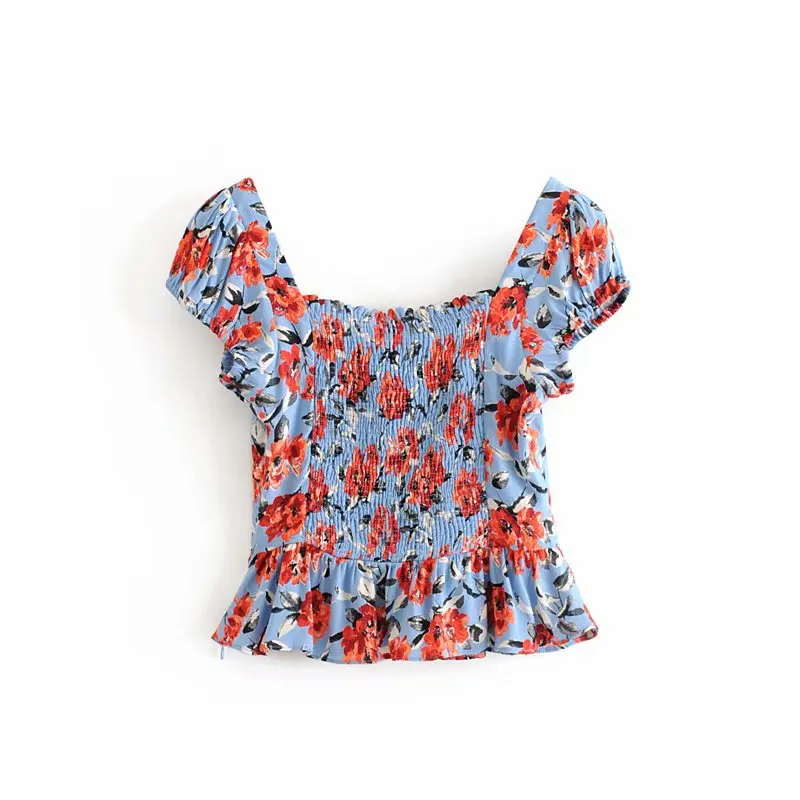 

2020 spring new European style printed square neck slim slim short pleated shirt