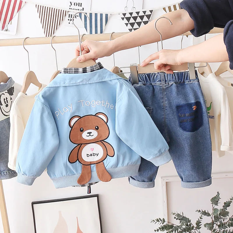 

Baby Boys Clothing Sets Spring Autumn Cartoon Bear Coats Plaid Shirt Jeans Toddler Infant Clothes Child Kids Casual Style Outfit