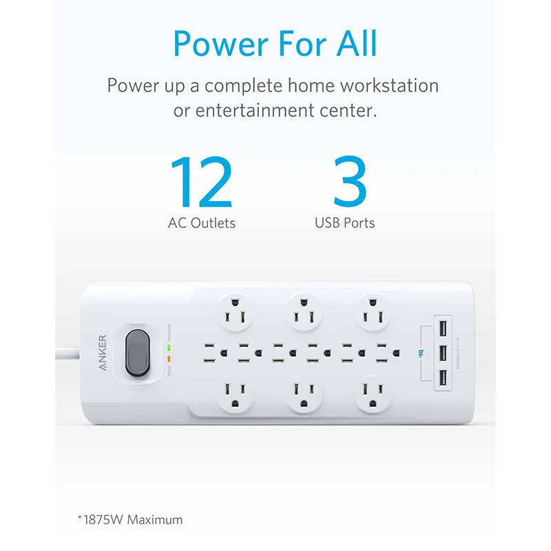 Anker 12 розеток и 3 USB порта с плоской вилкой удлинитель питания удлинителем 6 футов