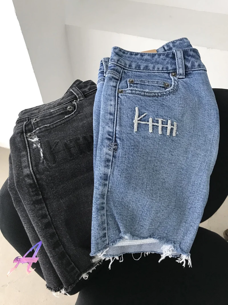 

Kith Denim Shorts Oversize Men's Women's Heavy Industry Embroidered Slim Denim Cycling Pants Kith High Street Fashion Jeans