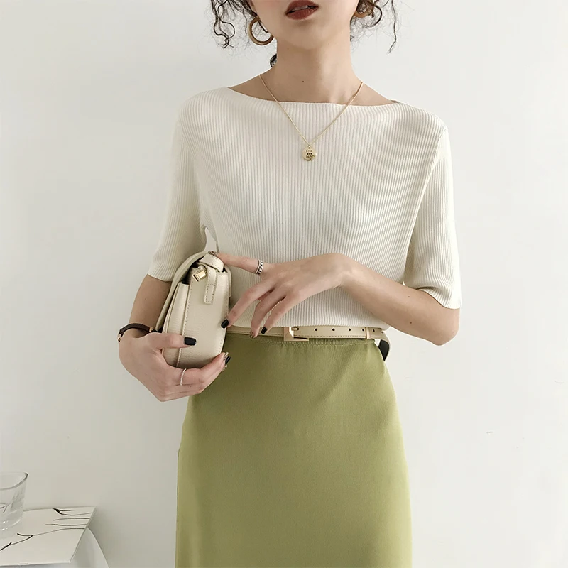 2021Summer Women Shirts Solid Slash Neck Casual Loose Ice Silk Sweater Female T-Shirt Half Sleeve Office Lady Tops | Женская одежда