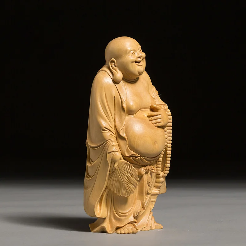 Статуя Будды Boxwood Maitreya из мифологии Смеющийся Будда с веером Скульптура Подарок