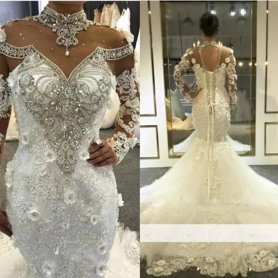 

Sparkly High Neck Illusion Long Sleeves Mermaid Wedding Dresses Sweep Train Vestido de Noiva Crystals Beading Bridal Gowns