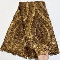 2021 high quality nigerian lace fabric embroidered french african sequins lace fabric weaving design gold sequins beaded lace wf