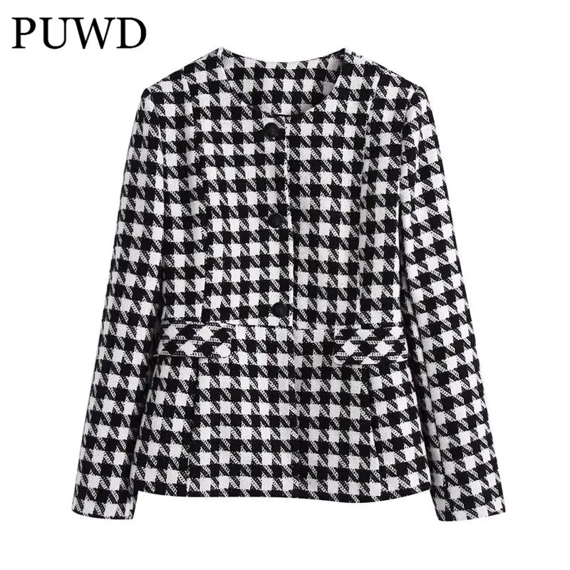 

PUWD Casual Women O Neck Belt Blazer 2021 Autumn Fashion Ladies High Street Straight Blazer Female Plaid Blazer Top