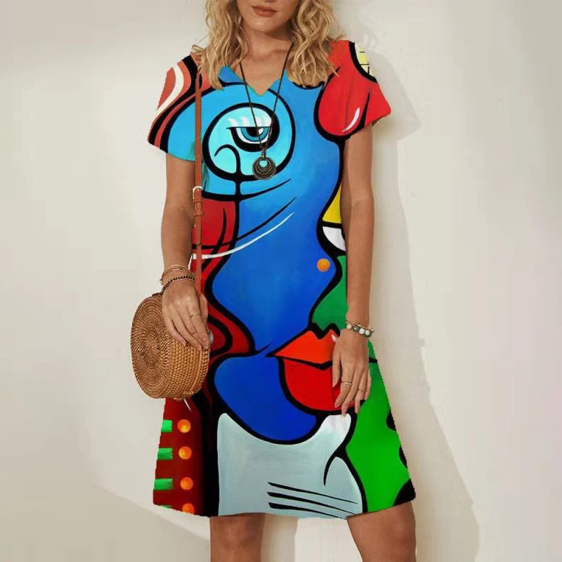 

Elegant Women Dress Summer V Neck Abstract Print Short Sleeve Mini Dress Casual Pullover Loose Woman Dress