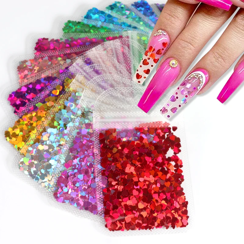 

12Pcs Ultra-thin Love Heart Laser Sequins For Nail Design Mixed Size Holographic Glitter Flakes Paillette Nail Art Accessories