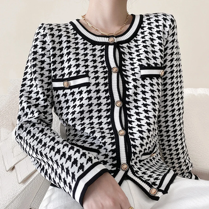 

Houndstooth Plaid Knitted Jacket for Women 2021 Autumn Retro Clothes O Neck Covered Buttons Coat Office Lady Outerwear CA061