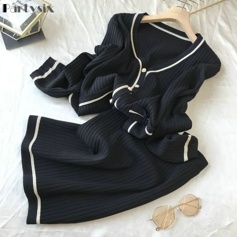 

Elegant Slim Long Sleeve Knitted Two-Piece Suit V-Neck Argyle Cardigan + Patchwork Mini Skirt 2021 New Korean Style Spring Sets