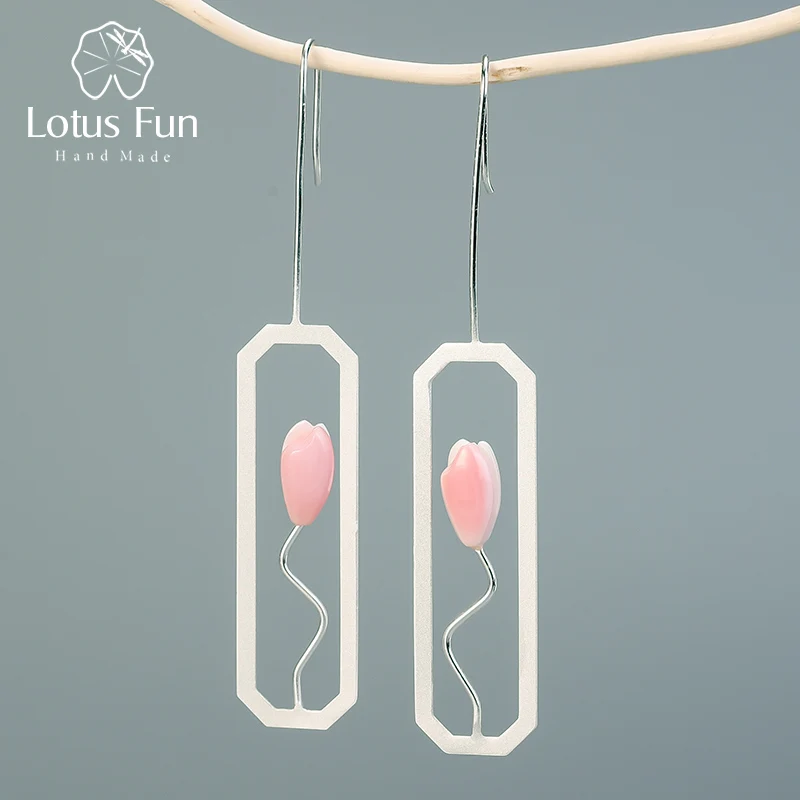 Lotus Fun, натуральная оболочка, цветок лилии, висячие серьги, настоящее 925 пробы, серебро, 18 К, золото, Прямоугольник, ручной работы, хорошее ювелирное изделие для женщин - Цвет камня: Silver Pink