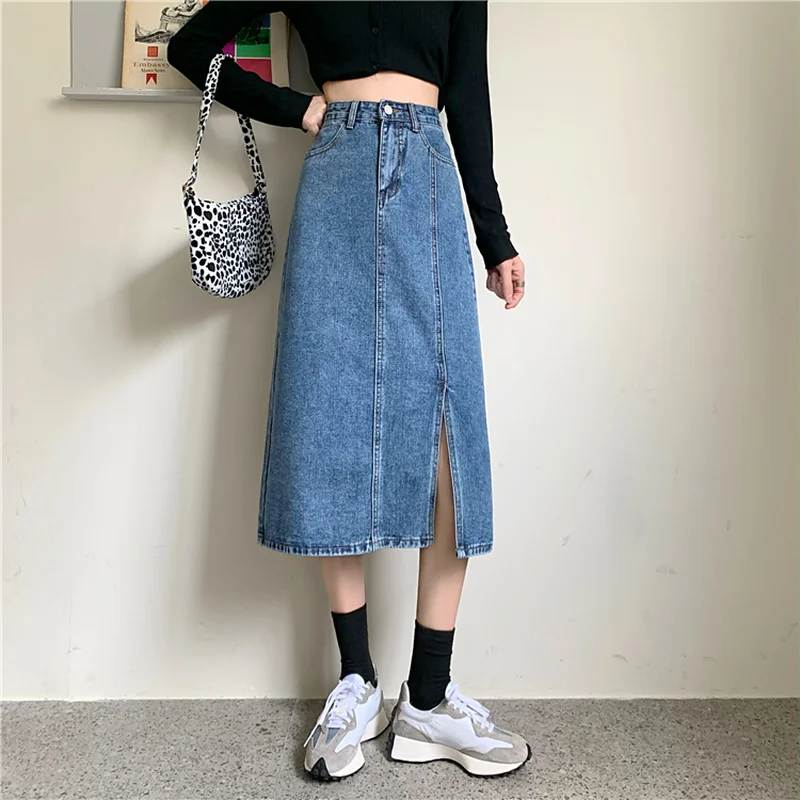

Spring and Autumn 2021 New Retro Mid-length High Waist Slimming Split A-line Denim Skirt Female Skirt
