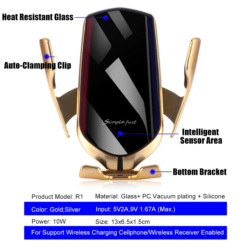 10W Wireless Charger Car Holder Automatic Clamping Smart Infrared Sensor Qi GPS Air Vent Mount Mobile Phone Bracket Stand