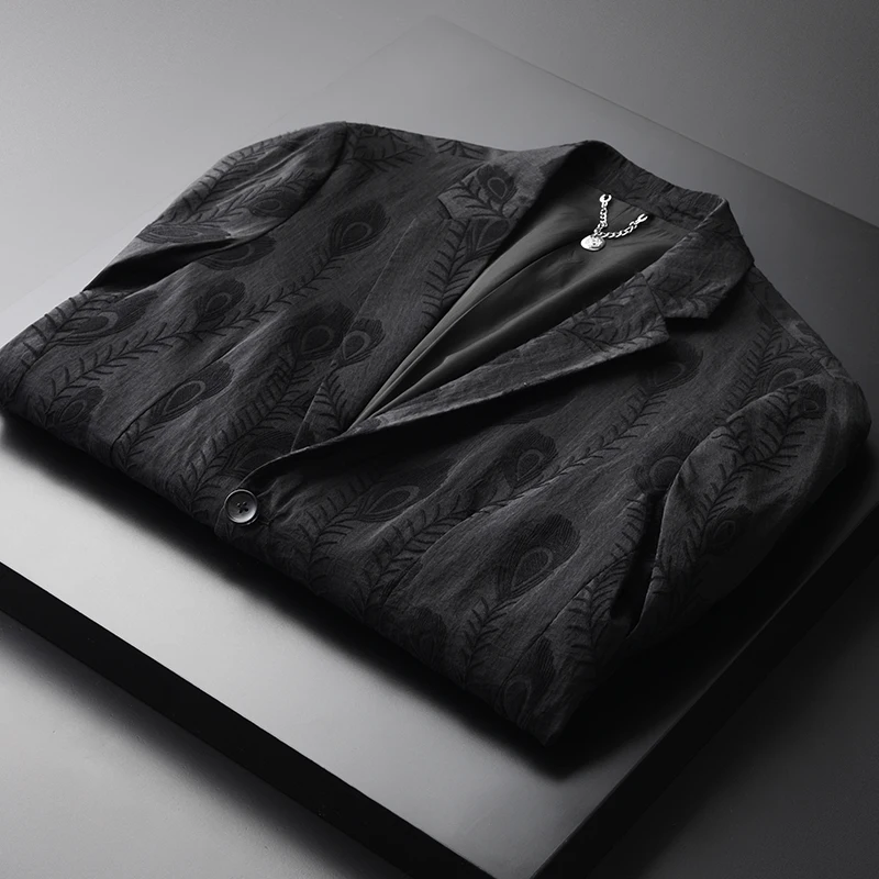 

Yarn Dyed Luxury Jacquard Fabric Men Fashion Trend Single Breasted Black Man Blazer Plus Size 3xl 4xl