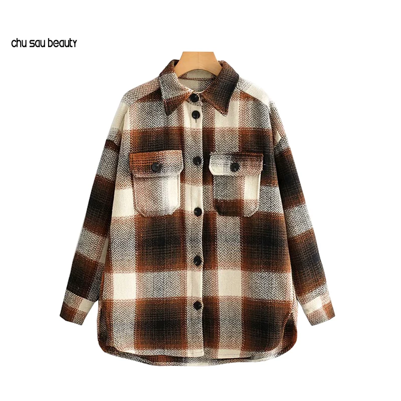 

Vintage Stylish Pockets Oversized Plaid Jacket Coat Women 2020 Fashion Lapel Collar Long Sleeve Loose Female Outerwear Chic Tops