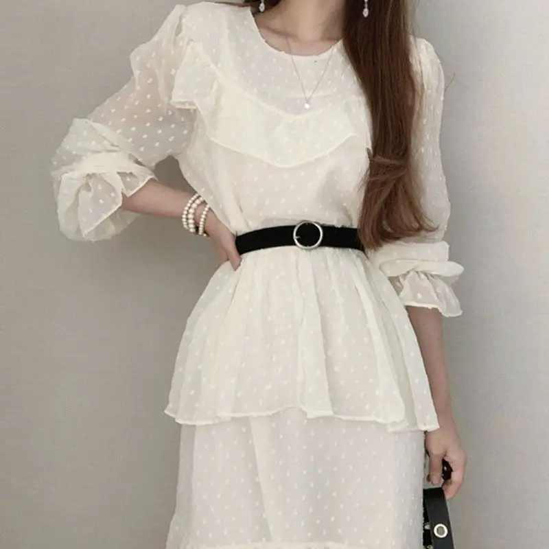 

O Neck Pullover Long Sleeve Dress Women High Waist Hip Ruffles Patchwork Mesh Vestidos Temperament Sashes Robe Spring