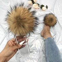summer flip flops women transparent crystal indoor sandals 2021 real fur pom pon slides slippers with fur for women flats shoes