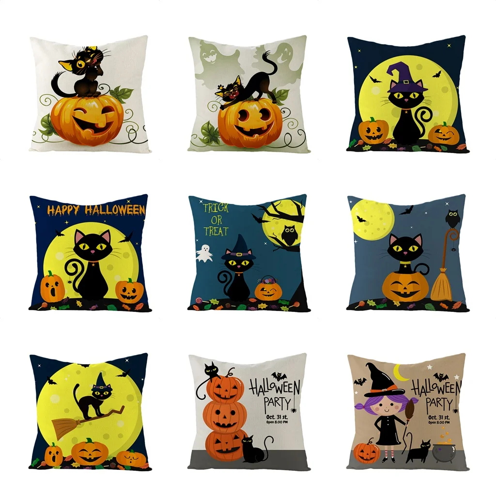 

Halloween Cartoon Black Cat Pumpkin Throw Pillowcase Linen 45*45CM Home Decor Waist Pillow Case Sofa Bed Lumbar Cushion Cover