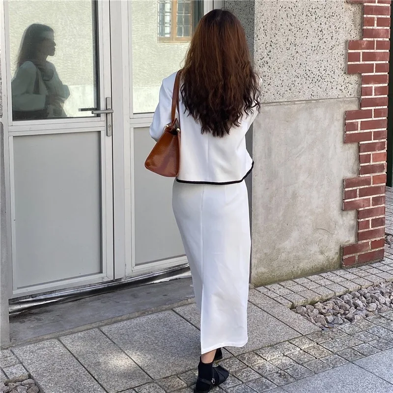 

Women's Korean Style 2 Piece Sets Solid Patchwork Edging V-Neck Loose Short Coat High Waist Straight Mid-Calf Skirts Spring