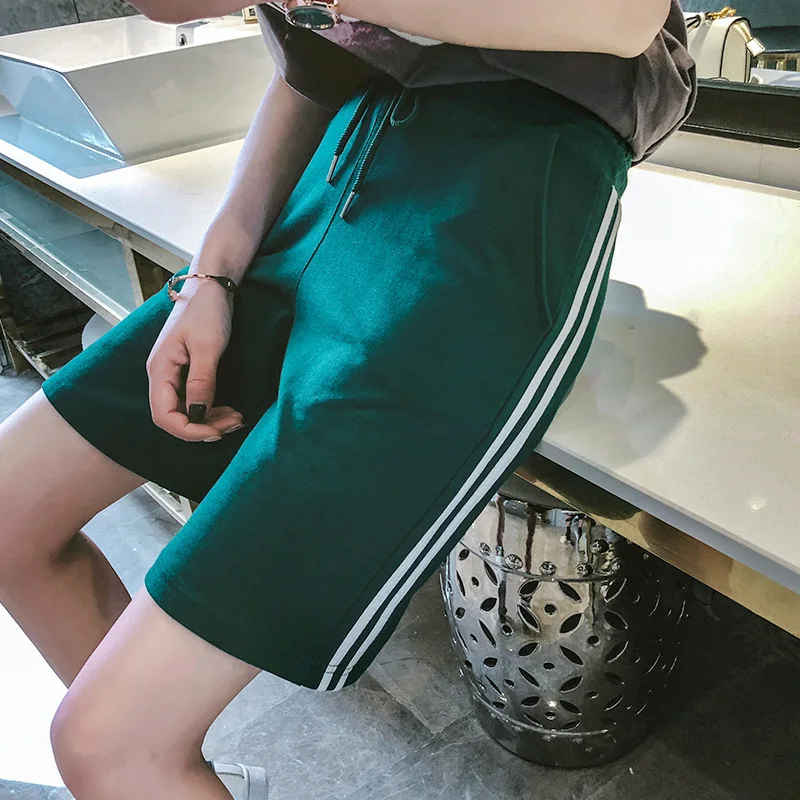 

Summer Women Cotton Sport Shorts Elastic High Waist Drawstring Side Stripe Loose Sweat Shorts Pocket Joggers Running Short Pants