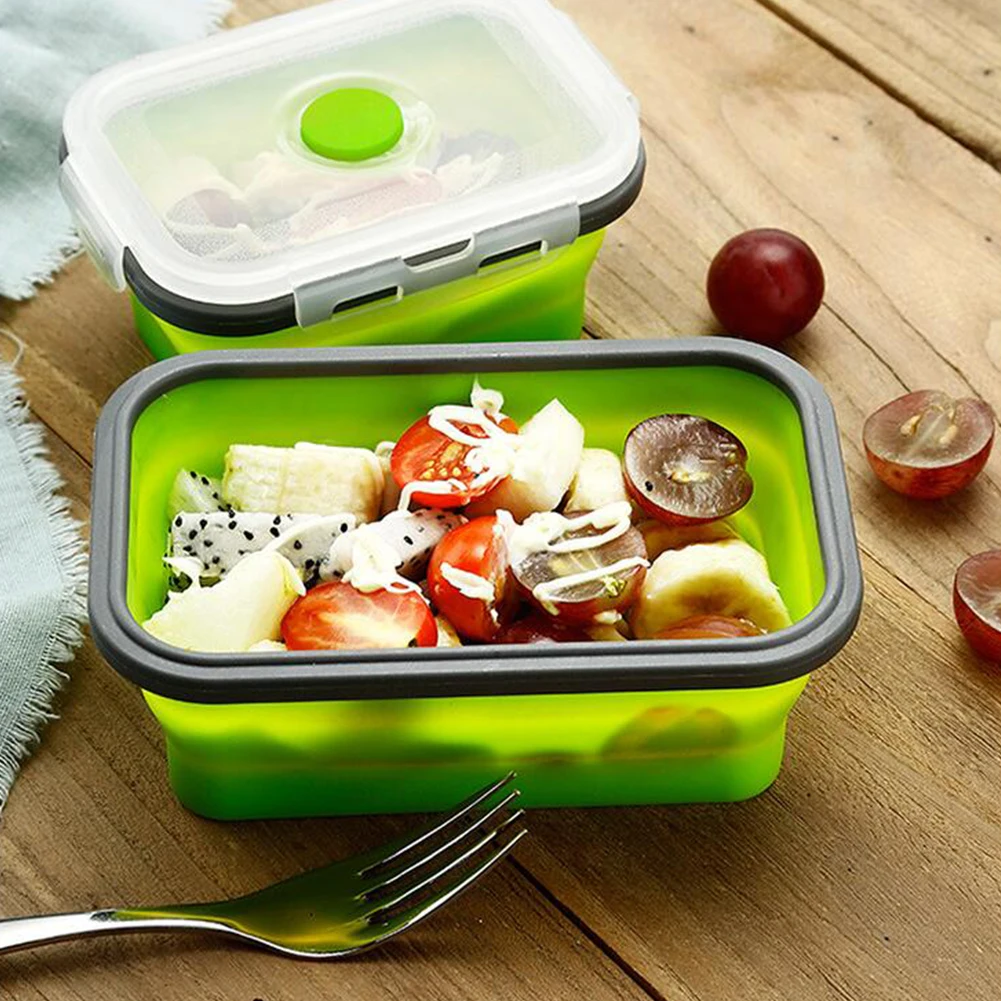 

3PCS Collapsible Bento Box Silicone Food Storage Containers With Lids Folding Reusable Lunch Box For Kitchen 350/500/800ML Green