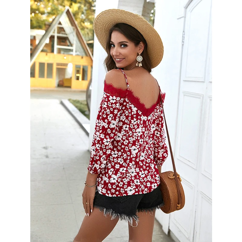 Женская Цветочная футболка CINESSD темно-синяя кружевная на бретельках с длинными