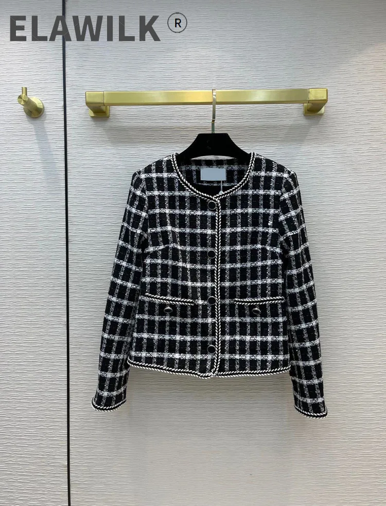 

Пальто женское в клетку контрастных цветов, с длинным рукавом и круглым вырезом