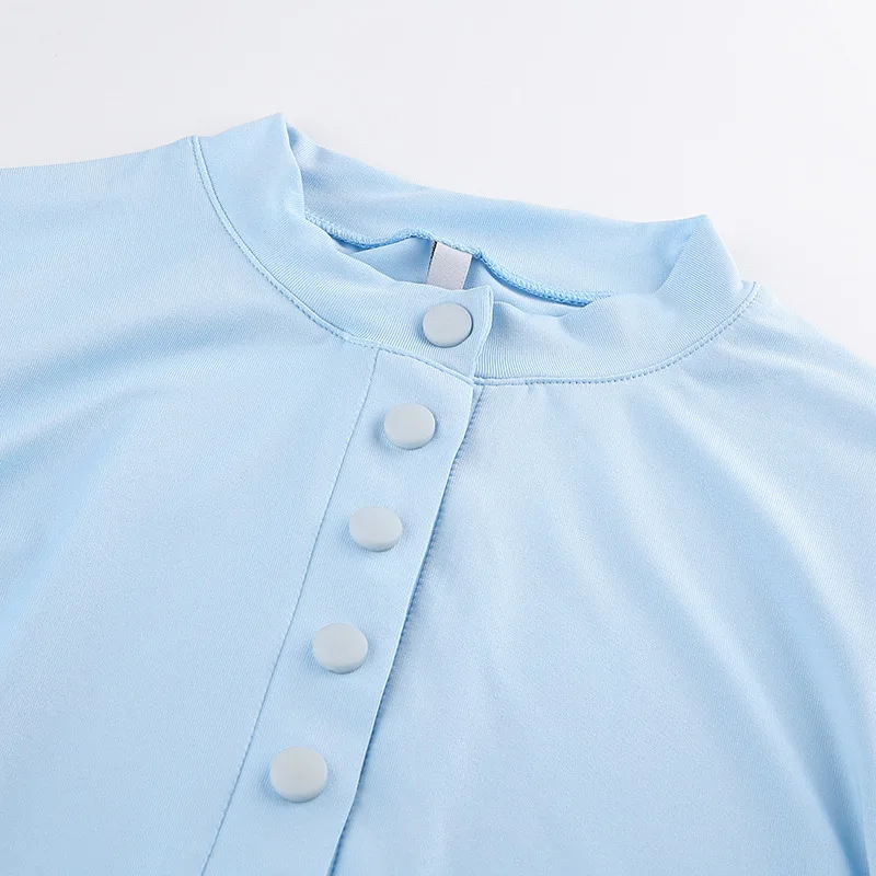 

New 2020 Women Bodysuit Buttons Stand Collar Long Sleeve Open Crotch Sexy Body Mujer Jumpsuit Rompers Slim Fit D01612Y