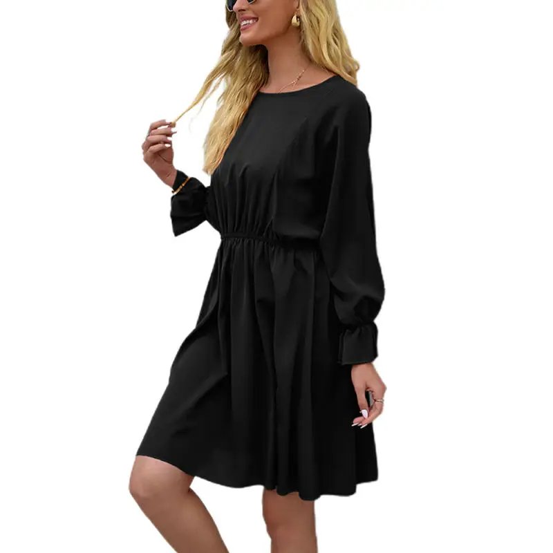 

Womens Elasticated Waist Plain Long Flared Sleeve Dress Casual Mini Fit Dresses
