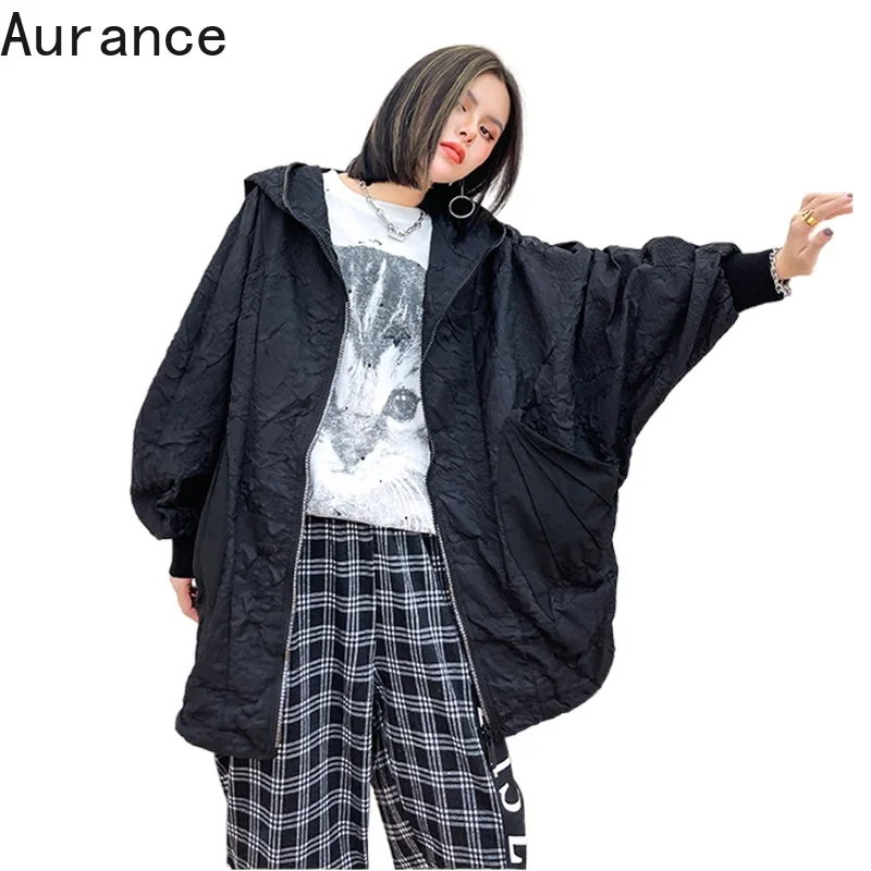 

[Aurance] Women Loose Fit Black Wrinkled Pocket Big Size Jacket New Hooded Long Sleeve Coat Fashion Tide Spring Autumn 2021